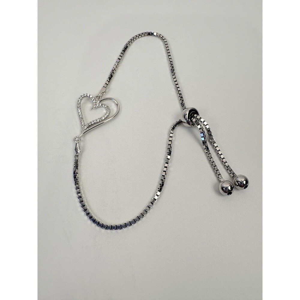 925 Sterling Silver Double Heart Box Chain Bolo Slider Bracelet Signed